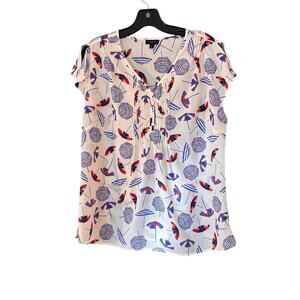Talbots Cap Sleeve Blouse Top Beach Umbrella Novelty Print Sz Lp Lightweight